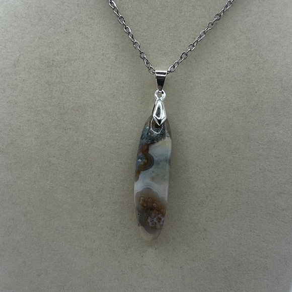 None Jewelry - Long Thin Ocean Jasper Pendant on Stainless Steel Chain